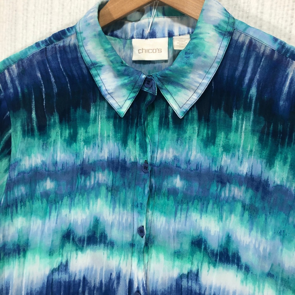 CHICOS Tie Dye Short Sleeve Button Up‎ Shirt Blue Green White Women's Top Size M
